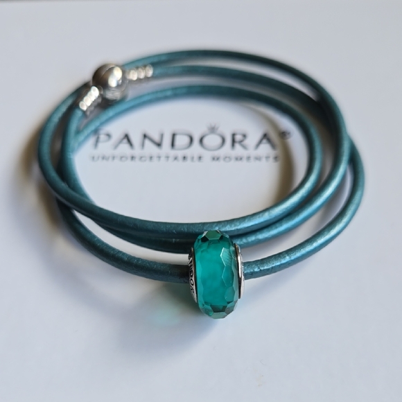 Pandora Turquoise Leather Wrap Bracelet with Silver/Glass Bead - Picture 1 of 3